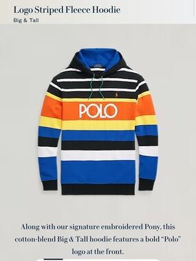 Polo by Ralph Lauren Striped Logo Hoodie - Blue/Orange/Yellow/Black/White 4xl